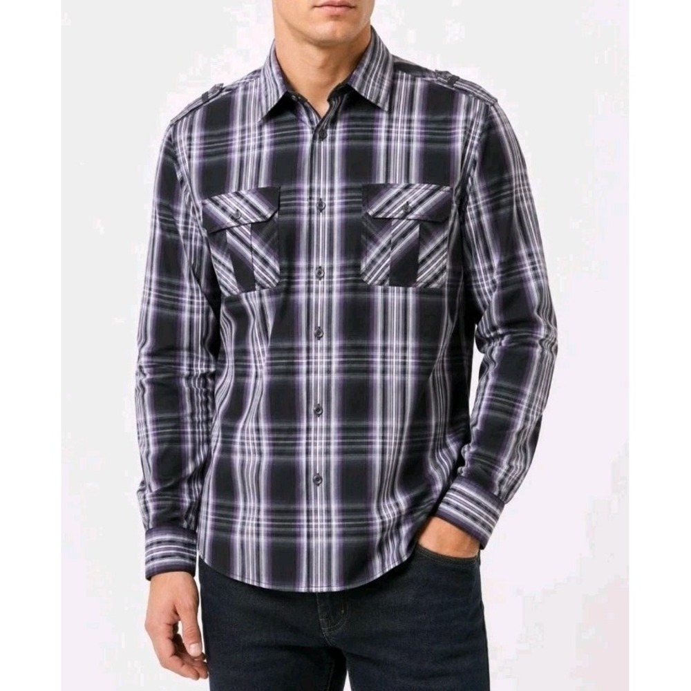 Calvin Klein Jeans Men's Double Pockets Plaid Black/White/ Purple  Shirt Size L